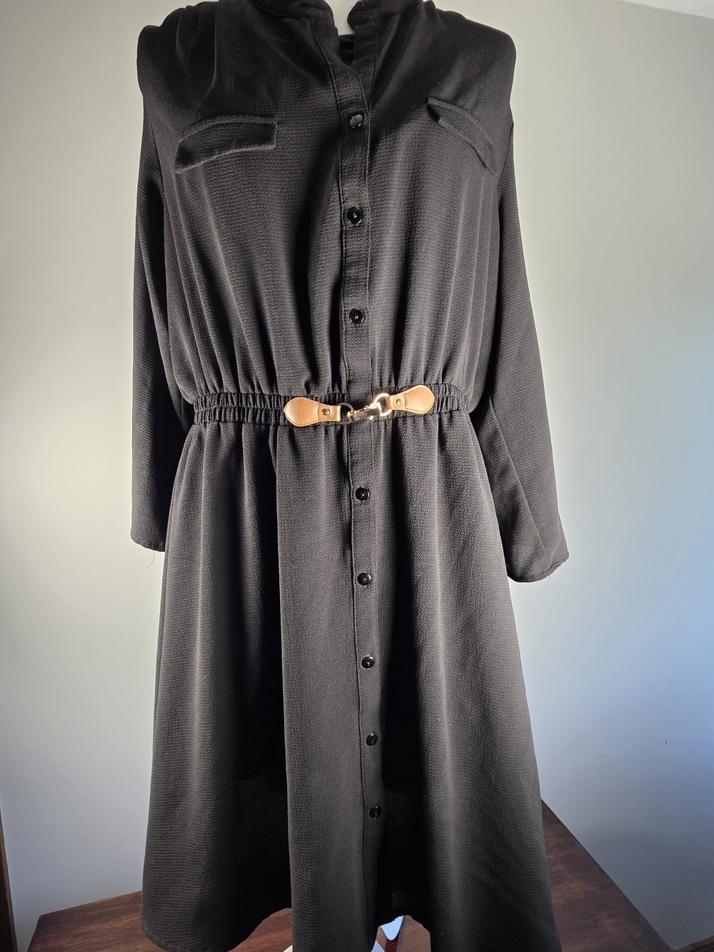 Always Indigo Women’s 2X Black Button Front Midi Shirt Dress Belted Waist